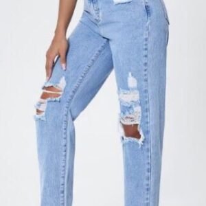 Mid Blue Ripped Cut Out Custom Mom Fit Jeans Suppliers