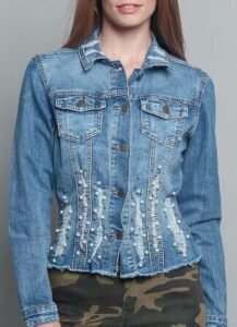 Hot Design Pearl Distressed Denim Jacket For Women Jean Jacket Suppliers