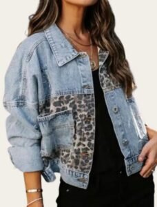 Wholesale Women's Denim Jacket Maker Leopard Print Blue Wash Jeans Jackets Manufacturer