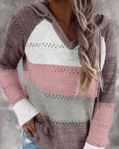Best Women's Sweater Suppliers Full Size Color Block Knitted Hoodie