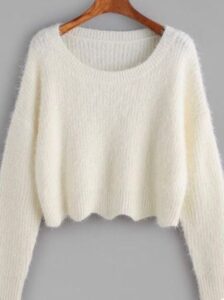 Women's White White Scoop Neck Drop Shoulder Crop Fluffy Sweater Manufacturer 