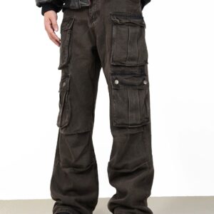 Best Cool Multiple Pocket Detail Wide Leg Cargo Jeans For Men Loose Fit Jeans